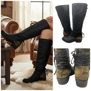 New Very Volatile LA Miraculous Riding Boots Sz 7.5 Black Camo Lace Back NWOB